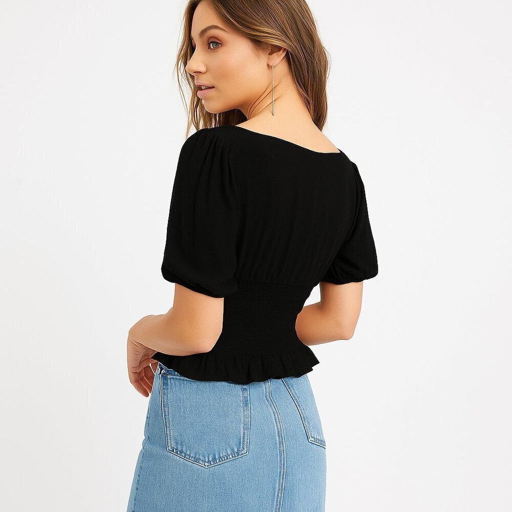 Kookai Simone shirred Crop Top Square Neck Black - Picture 2 of 9